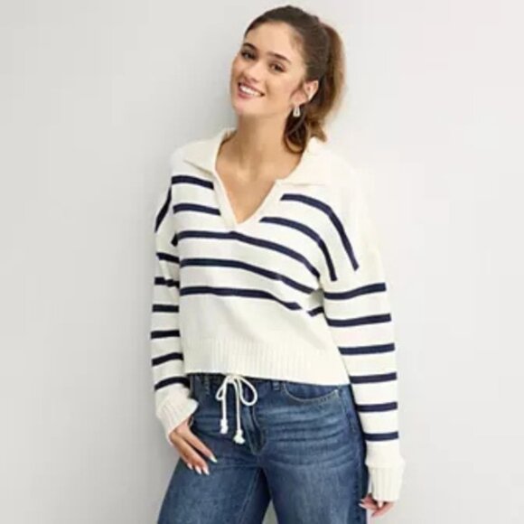 SO Women’s Collared Striped Sweater Cream/Navy Size XL Pullover Knit Top - Picture 1 of 2